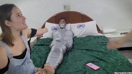 Femdom Revenge: Cheating Boyfriend Mummified, Girlfriend Hogtied