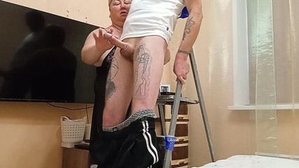 After Repairing the Chandelier, My Mother-in-law Jerks off My Dick to a Cumshot