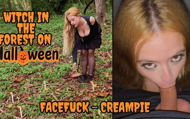 Hot Blonde Witch in the Forest on Halloween - Deepthroat Creampie Squirt