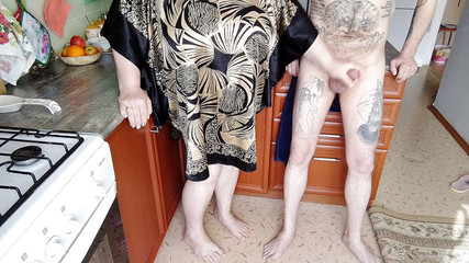 roommate jerks off my cock in the kitchen