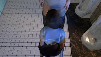 Two Girls Stalk a Guy in the Bathroom for a Threesome