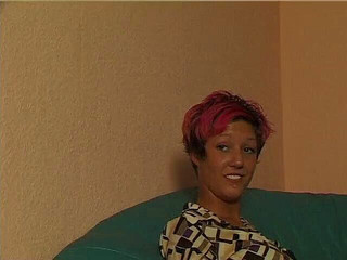 Tattooed babe with colored hair gaping and masturbating in front of cock jerking guy