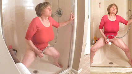 60+ GILFs masturbation workout in wet t-shirt