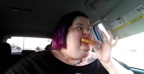 Eating in my car, stuffing fat belly