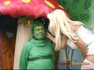 Blonde femdom covering submissive in duct tape in parody video