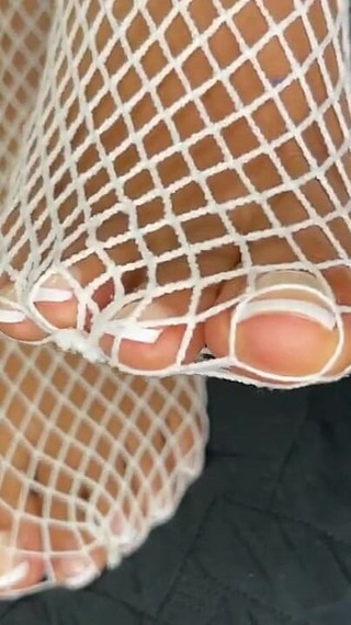 Ebony Girl Shows off Her Feet with French Pedicure in Her White Fishnets