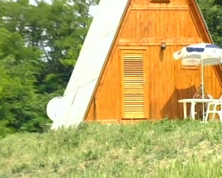 Cute German Blonde Rides Dick in Front of the a-frame House