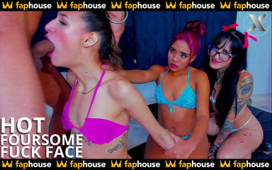 Hot Foursome with 3 Beautiful Sluts Getting Deep Face Fucks