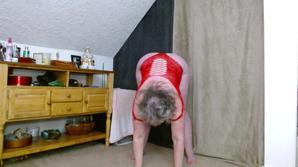 1224 Red Fishnet Yoga Stretches Then 90 Second to Cum