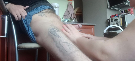 A fat woman naked jerks off my cock to a cumshot in the kitchen