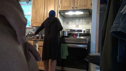 Risky! Flashing Huge Dick for Muslim Stepmom