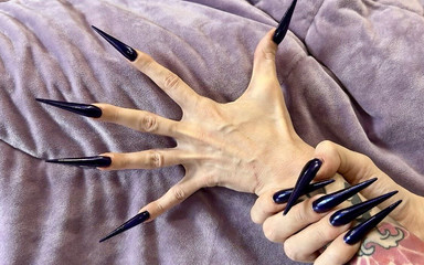 Dark Blue Long Nails, Sharp Stilettos, Long Fingers and Palms Wide