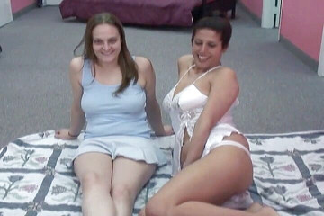 Classic naughty lesbians with big boobs double dildoing at casting