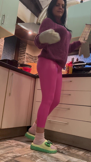 Pink Leather Leggings & Cameltoe Tease in the Kitchen