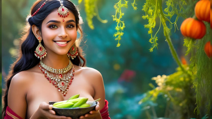 Beautiful Big Breasted Nude Indian Elf Girl with Flower