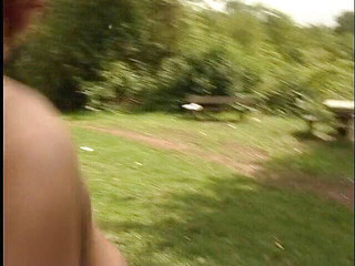 Redhead babe is chasing her boyfriend outdoors