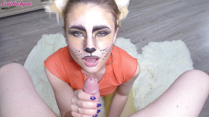 Girl in fox suit sucks cock and licks cum