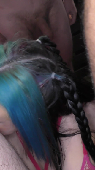 Fat Sluts with Blue Hair Love Kneeling in Front of Hard Cock Dudes