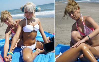 Sizzling Oil-slathered Beach Encounter: Intimate Tanned Gal Duo