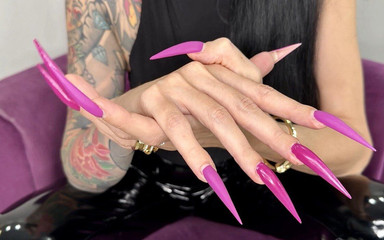 Purple Color Long Nails, Sharp Stilettos, Palms, Long Fingers and Hands Worship, Black Pvc on Me
