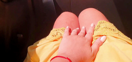 Horny baby in taxi touching her wet pussy