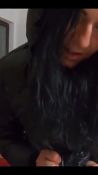 Cum Play on My New Long Black Shiny and Puffy Jacket so My Impotent Husband Can Lick