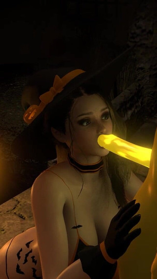 Sexy Witch Sucking the Pumpkinhead on Halloween