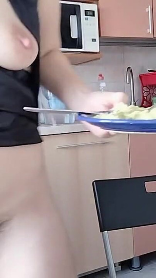 Amateur Wife Prepares Breakfast Naked. Hairy Pussy with MILF, Big Tits, Big Ass.
