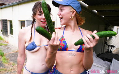 Hairy Brunette and Shaved Blonde Lick Each Other and Fuck Cucumber